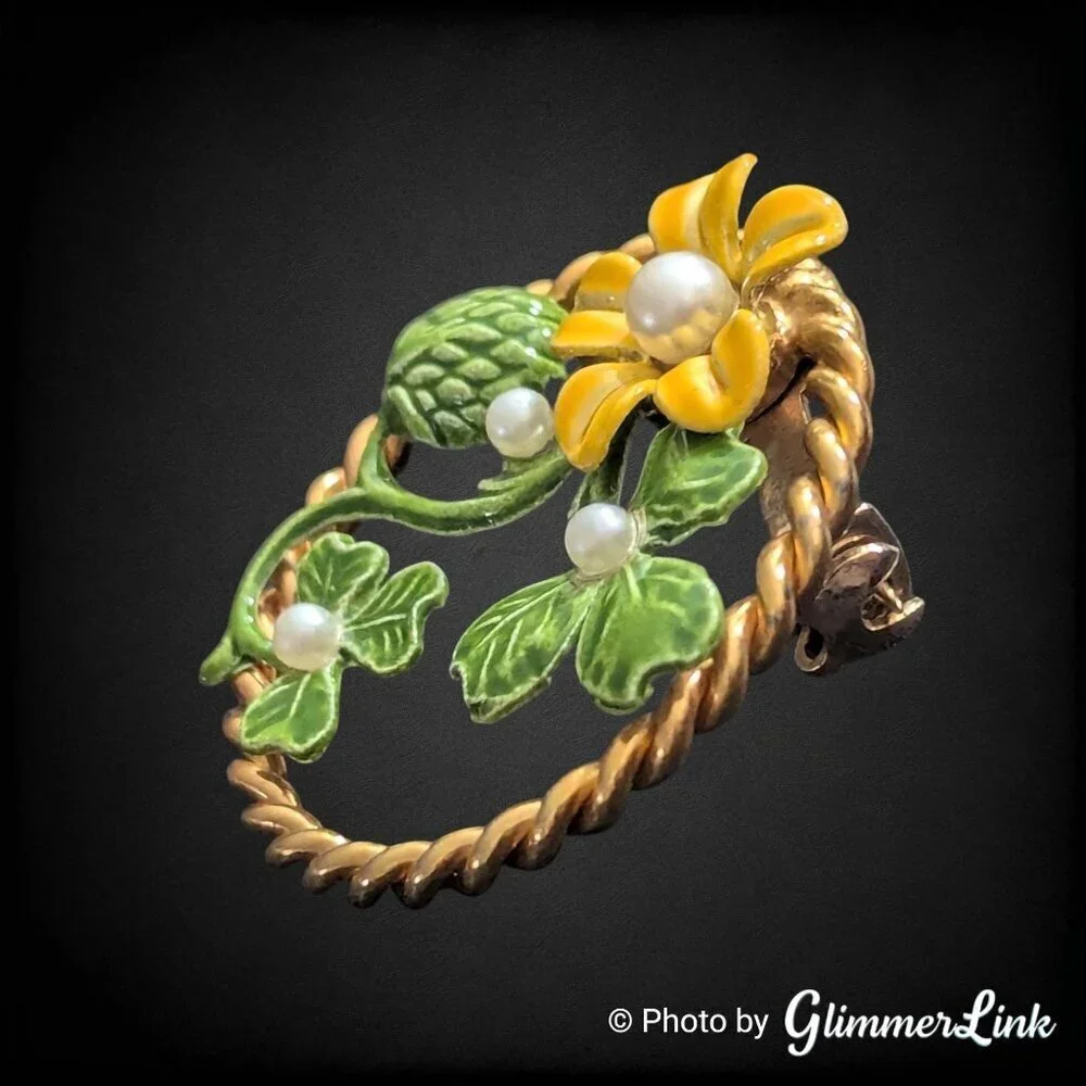 Vintage Enamel Clover Brooch Yellow Flower Green Leaves Faux Pearl Circle Pin